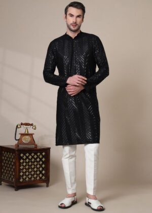 Men’s Cotton Blend Sequins Embroidered Kurta with Elegant Design – Stylish Ethnic Outfit