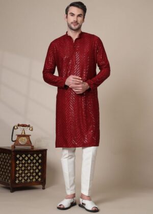 Men’s Cotton Blend Sequins Embroidered Kurta with Elegant Design – Stylish Ethnic Outfit - Maroon