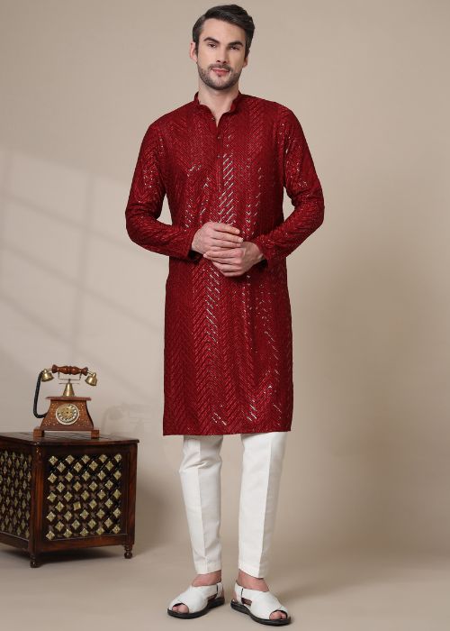 Men’s Cotton Blend Sequins Embroidered Kurta with Elegant Design – Stylish Ethnic Outfit - Maroon