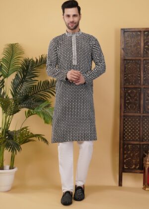 Men’s Cotton Blend Sequins Embroidered Kurta – Elegant Regular Fit Traditional Wear