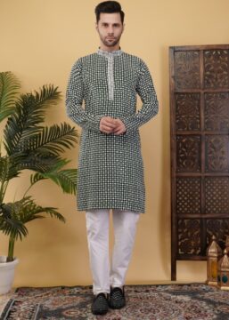 Men's Cotton Blend Regular Fit Sequince Embroidered Kurta with Elegant Design - Green