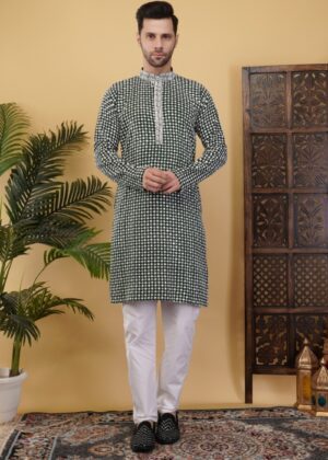 Men’s Cotton Blend Sequins Embroidered Kurta – Elegant Regular Fit Traditional Wear - Green