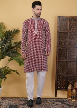 Men’s Cotton Blend Sequins Embroidered Kurta – Elegant Regular Fit Traditional Wear - Maroon