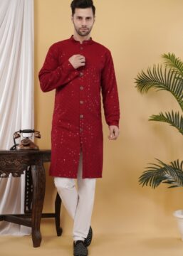 Men's Cotton Sequince Embroidered Semi-Indo Western Kurta - Maroon