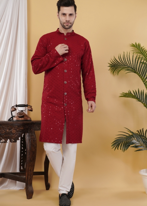 Men’s Cotton Sequins Embroidered Semi-Indo Western Kurta – Elegant Traditional & Modern Outfit - Maroon
