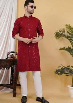 Men’s Cotton Sequins Embroidered Semi-Indo Western Kurta – Elegant Traditional & Modern Outfit