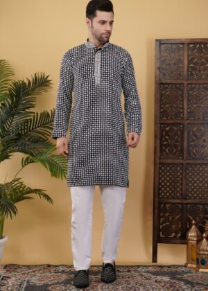 Men’s Cotton Blend Sequins Embroidered Kurta – Elegant Regular Fit Traditional Wear - Navy Blue