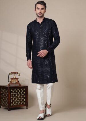 Men’s Cotton Blend Sequins Embroidered Kurta with Elegant Design – Stylish Ethnic Outfit - Navy Blue