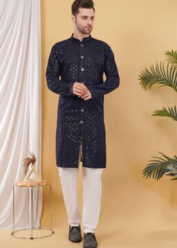 Men's Cotton Sequince Embroidered Semi-Indo Western Kurta - Navy Blue