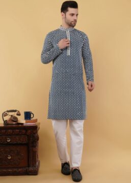 Men's Cotton Blend Regular Fit Sequince Embroidered Kurta with Elegant Design - Teal