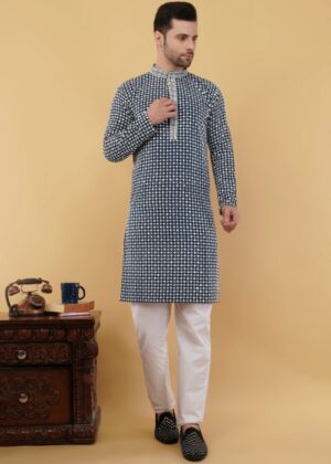 Men’s Cotton Blend Sequins Embroidered Kurta – Elegant Regular Fit Traditional Wear - Teal