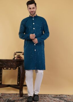 Men's Cotton Sequince Embroidered Semi-Indo Western Kurta - Teal