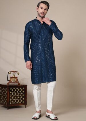 Men’s Cotton Blend Sequins Embroidered Kurta with Elegant Design – Stylish Ethnic Outfit - Teal