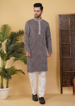 Men's Cotton Blend Regular Fit Sequince Embroidered Kurta with Elegant Design - Wine