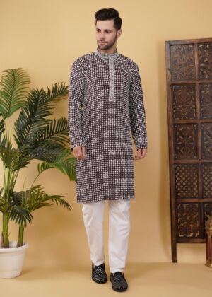 Men’s Cotton Blend Sequins Embroidered Kurta – Elegant Regular Fit Traditional Wear - Wine