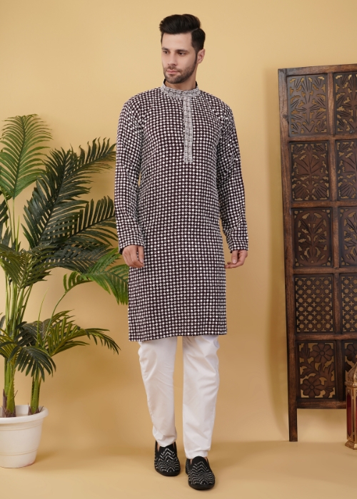 Men’s Cotton Blend Sequins Embroidered Kurta – Elegant Regular Fit Traditional Wear - Wine