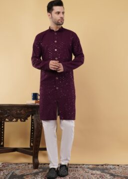 Men's Cotton Sequince Embroidered Semi-Indo Western Kurta - Wine