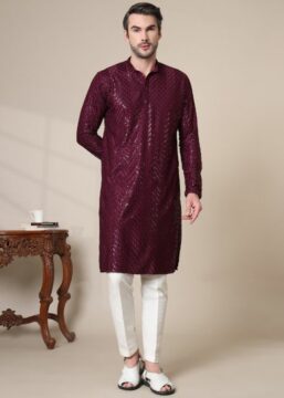 Men's Cotton Blend Embroidered Kurta with Elegant Design - Wine