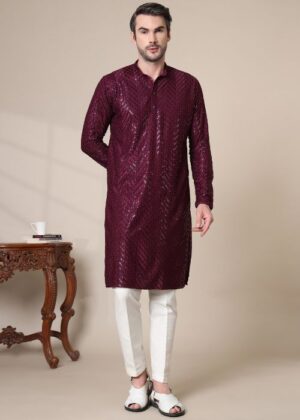 Men’s Cotton Blend Sequins Embroidered Kurta with Elegant Design – Stylish Ethnic Outfit - Wine