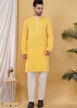 Men's Cotton Blend Regular Fit Sequince Embroidered Kurta with Elegant Design - Yellow