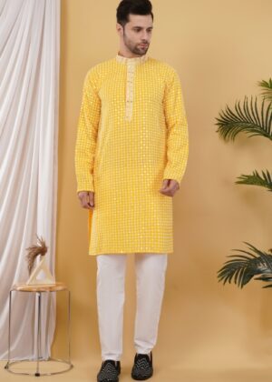 Men’s Cotton Blend Sequins Embroidered Kurta – Elegant Regular Fit Traditional Wear - Yellow