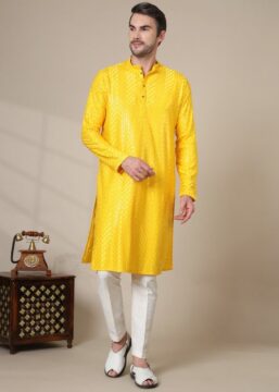 Men's Cotton Blend Embroidered Kurta with Elegant Design - Yellow