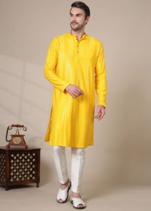 Men’s Cotton Blend Sequins Embroidered Kurta with Elegant Design – Stylish Ethnic Outfit - Yellow
