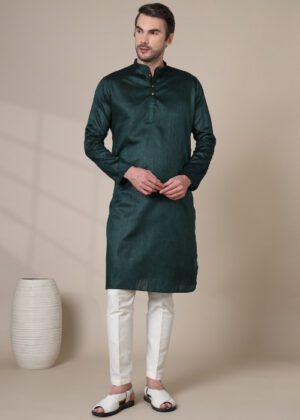 Men’s Premium Cotton Blend Jacquard Kurta – Ethnic Festive & Casual Wear - Dark Green