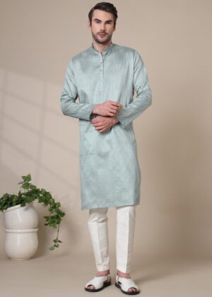 Men’s Premium Cotton Blend Jacquard Kurta – Stylish Festive & Casual Wear - Grey