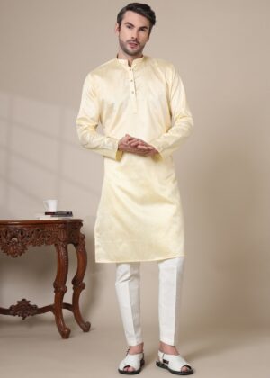 Men’s Premium Cotton Blend Jacquard Kurta – Stylish Festive & Casual Wear - Light Yellow