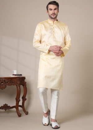 Men’s Premium Cotton Blend Jacquard Kurta – Ethnic Festive & Casual Wear - Light Yellow