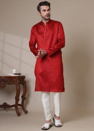 Men’s Premium Cotton Blend Jacquard Kurta – Ethnic Festive & Casual Wear - Maroon
