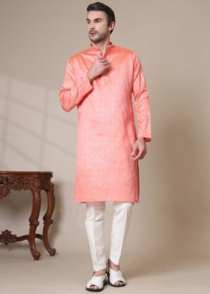 Men’s Premium Cotton Blend Jacquard Kurta – Ethnic Festive & Casual Wear - Peach