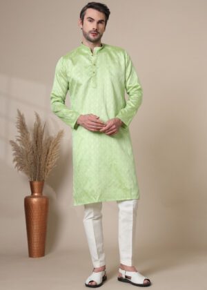 Men’s Premium Cotton Blend Jacquard Kurta – Ethnic Festive & Casual Wear - Pista