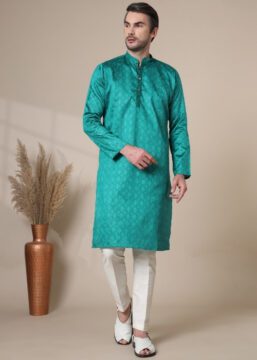 Men's Premium Cotton Blend Jacquard Kurta for Parties - Rama