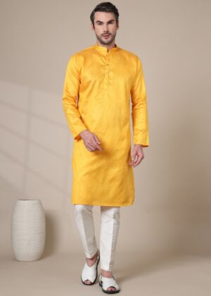 Men’s Premium Cotton Blend Jacquard Kurta – Stylish Festive & Casual Wear - Yellow