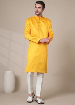 Men’s Premium Cotton Blend Jacquard Kurta – Ethnic Festive & Casual Wear - Yellow