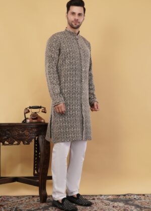 Men's Cotton Sequince Lines Embroidered Semi-Indo Western Kurta - Black