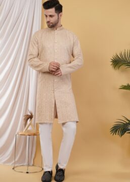 Men's Cotton Sequince Lines Embroidered Semi-Indo Western Kurta - Cream