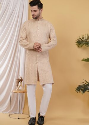 Men's Cotton Sequince Lines Embroidered Semi-Indo Western Kurta - Cream