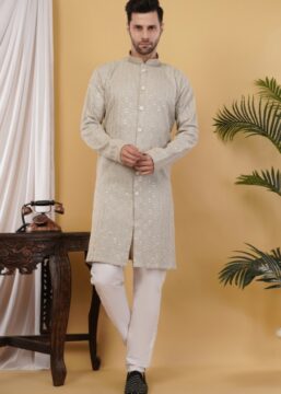 Men's Cotton Sequince Lines Embroidered Semi-Indo Western Kurta - Grey