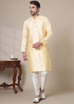 Men's Premium Cotton Blend Jacquard Kurta - Light Yellow