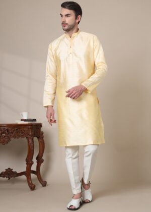 Men’s Premium Cotton Blend Jacquard Kurta – Stylish Ethnic Wear for Weddings & Festive Occasions - Light Yellow