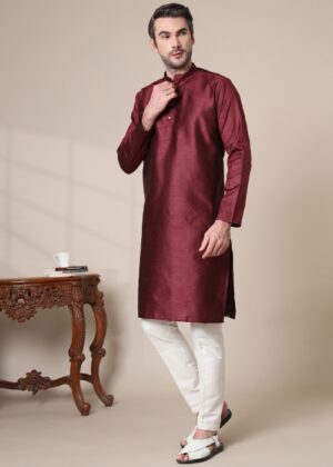 Men’s Premium Cotton Blend Jacquard Kurta – Stylish Ethnic Wear for Weddings & Festive Occasions - Maroon