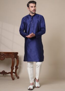 Men's Premium Cotton Blend Jacquard Kurta - Navy Blue