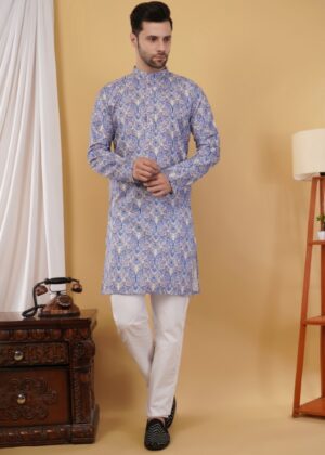 Cotton Geometric Printed Kurta for Men with Sequence – Festive & Casual Wear