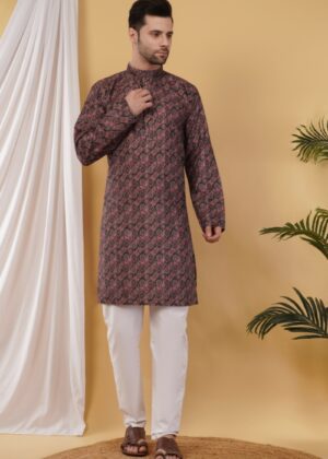 Men’s Cotton Geometric Printed Kurta with Sequence Work – Regular Fit