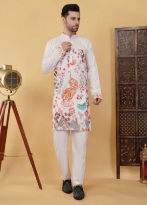 Men’s Cotton Tiger Print Kurta with Sequence Work – Regular Fit Ethnic Wear