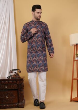Men’s Cotton Geometric Printed Kurta with Sequence Work - Regular Fit