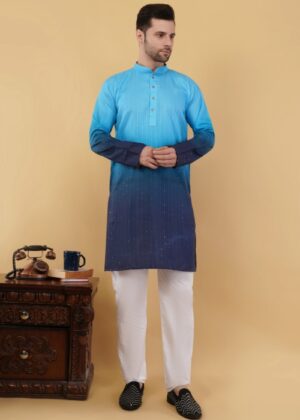 Men’s Cotton Shaded Printed Kurta with Sequence Work – Regular Fit